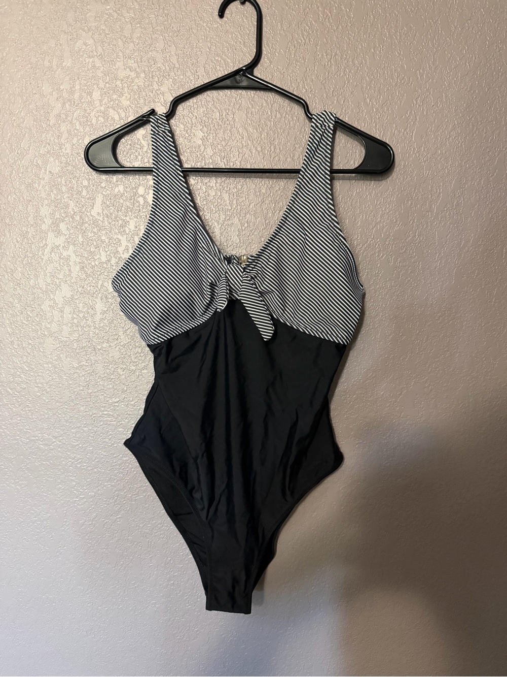 Striped Black One-Piece Swimsuit with Front Tie